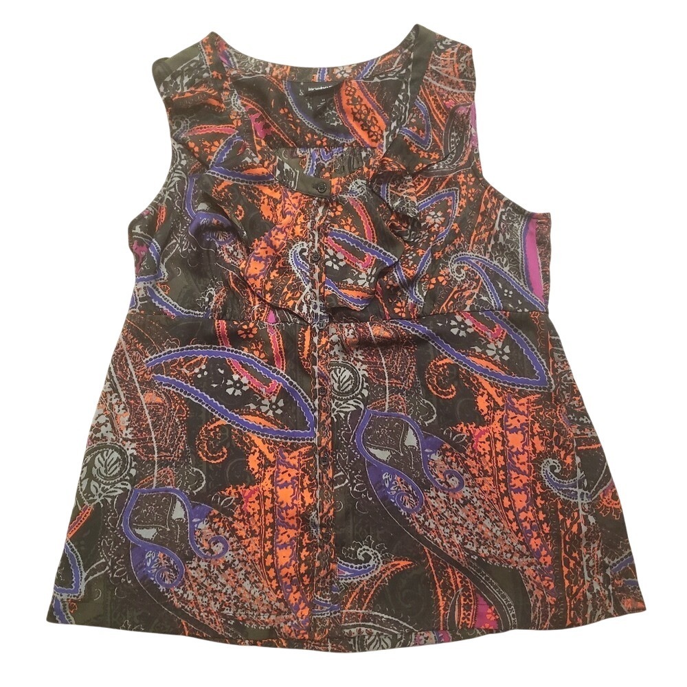 Lane‎ Bryant Plus 14 Black Paisley Satin Ruffled Tank Top Shirt Dressy Career